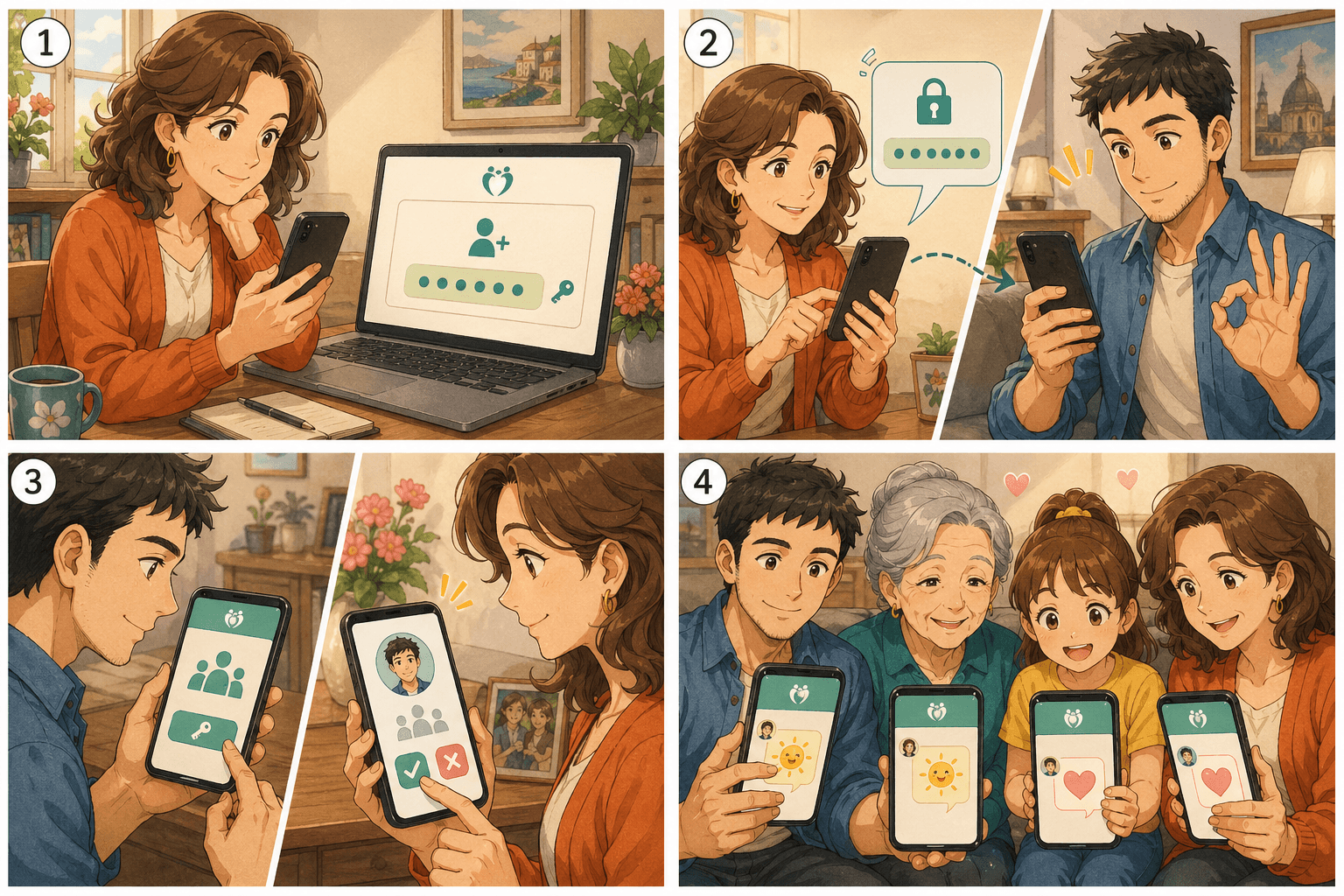 4-panel manga: family chat and invites